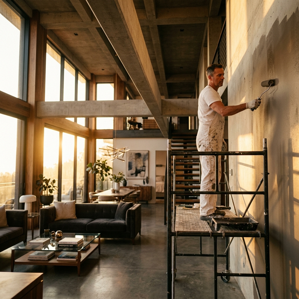 Professional painter finishing a premium interior wall in a modern Sydney home